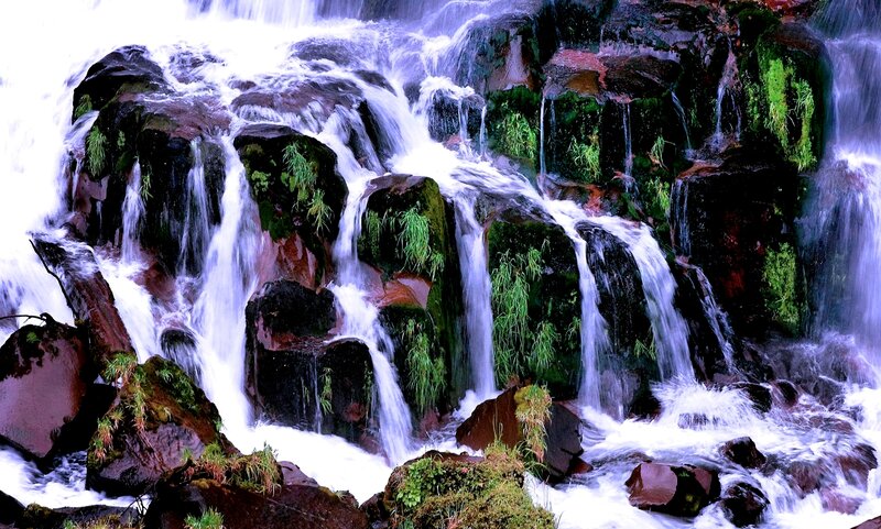 Waterfall over Mossy Rocks — Green, Dynamic, Photograph