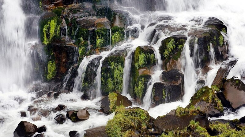 Waterfall over Mossy Rocks — Green, Dynamic