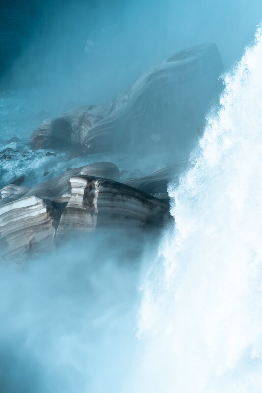 Waterfall over Rocks — Blue, Dramatic, Photograph, Mist