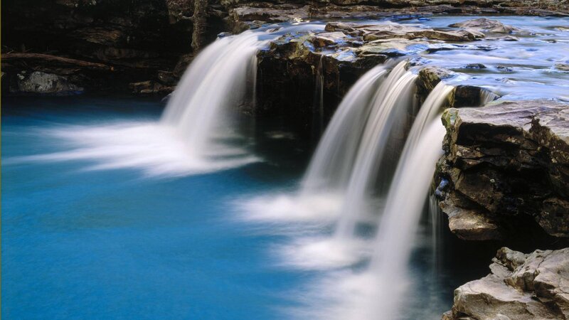 Waterfall over Rocks — Blue, Serene, Afternoon