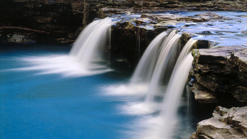Waterfall over Rocks — Blue, Serene, Photograph, River