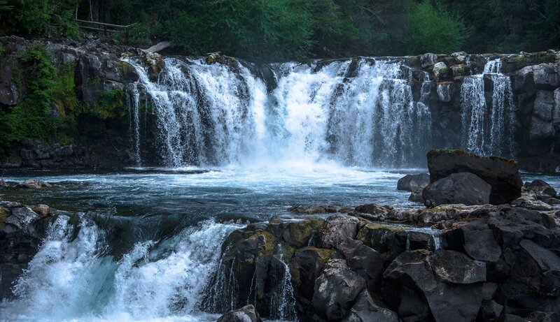 Waterfall over Rocks — Blue, Serene, Photograph, River, Trees, Green