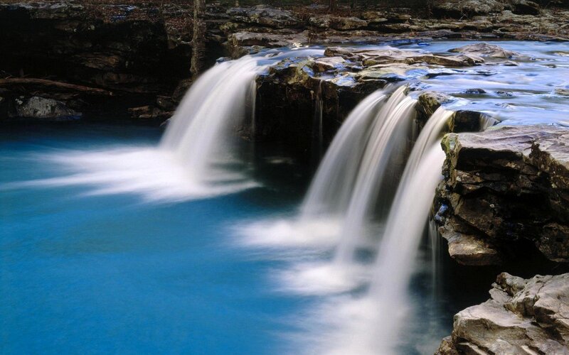 Waterfall over Rocks — Blue, Serene, Photograph, River, Trees