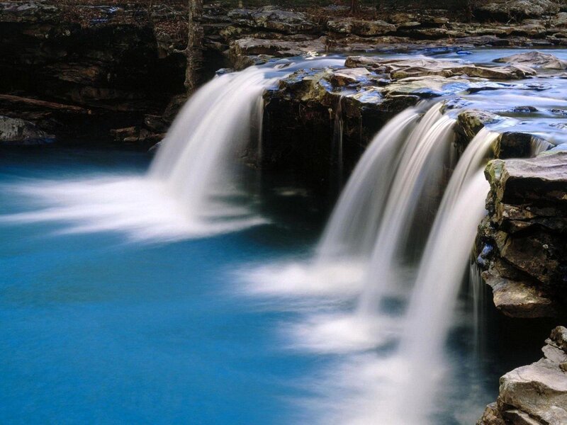 Waterfall over Rocks — Blue, Serene, Photograph, River, Trees, White, Gray