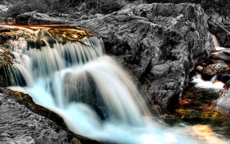 Waterfall over Rocks — Blue, Serene, Photograph, Stream, Trees