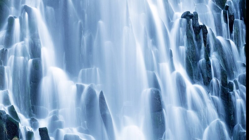 Waterfall over Rocks — Blue, Serene, Photograph, Water