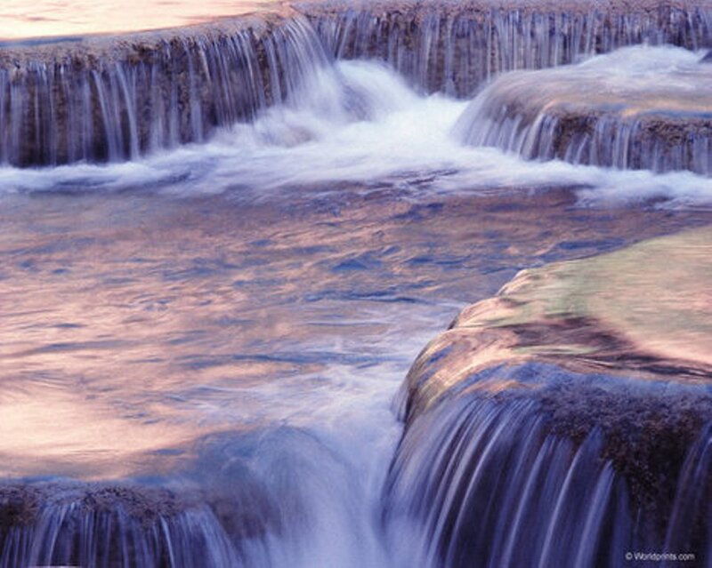 Waterfall over Rocks — Blue, Serene, Sunset