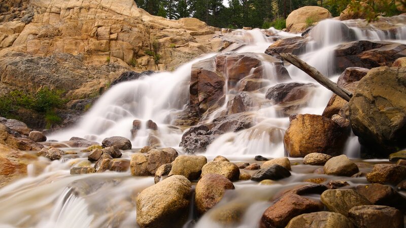 Waterfall over Rocks — Brown, Serene, Photograph, Trees, Log
