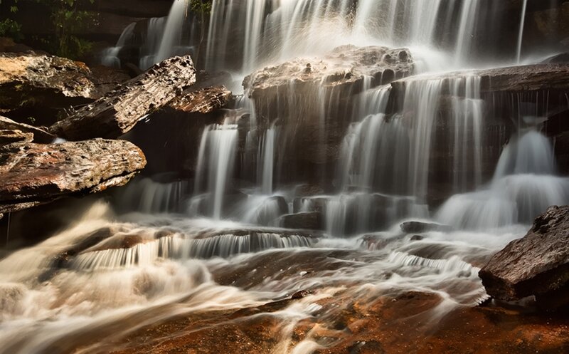 Waterfall over Rocks — Brown, Serene, Photograph, Trees