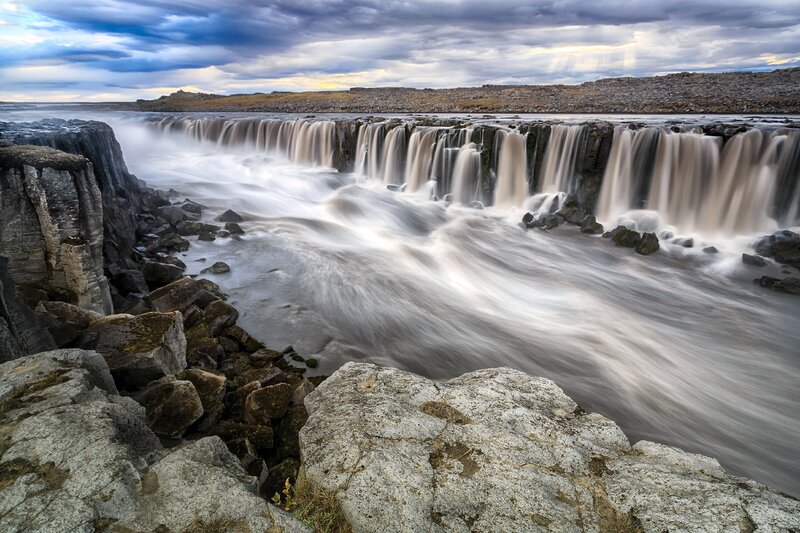 Waterfall over Rocks — Gray, Dramatic, Afternoon