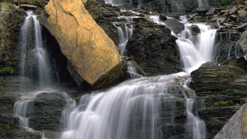 Waterfall over Rocks — Gray, Serene, Photograph, Water
