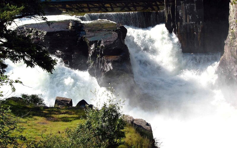 Waterfall over Rocks — Green, Dramatic, Afternoon, Photograph, Bridge