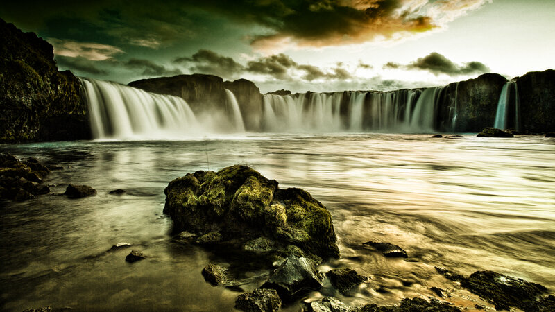 Waterfall over Rocks — Green, Dramatic, Sunset