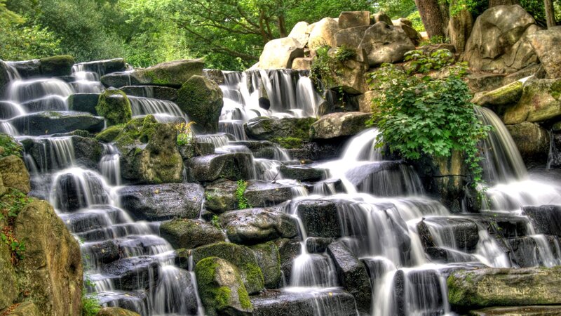 Waterfall over Rocks — Green, Serene, Afternoon, Photograph