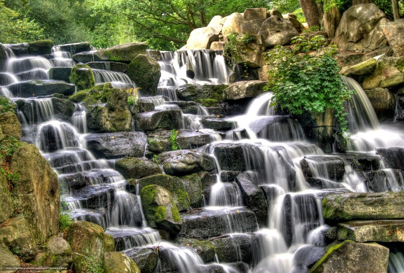 Waterfall over Rocks — Green, Serene, Afternoon, Photograph, Trees