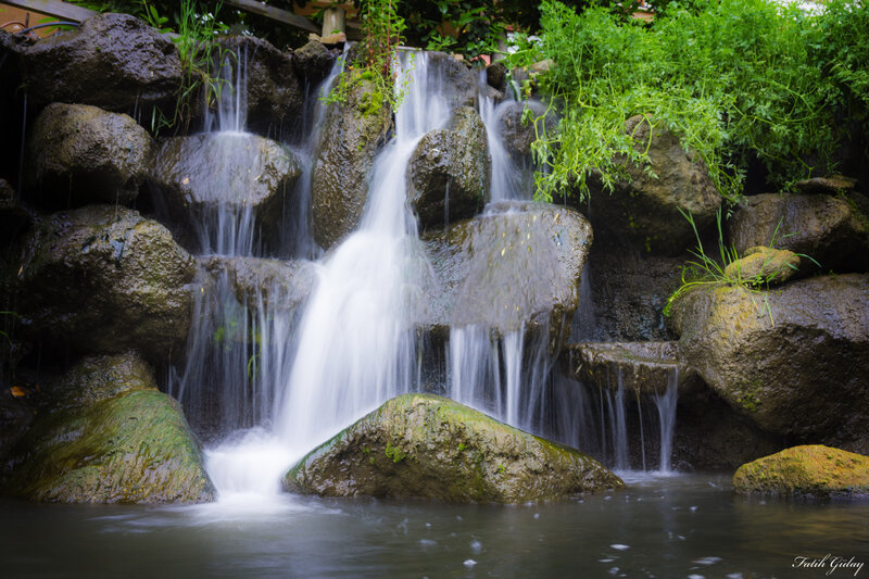 Waterfall over Rocks — Green, Serene, Photograph, Plants