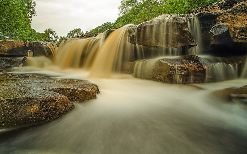 Waterfall over Rocks — Green, Serene, Photograph, Trees, River