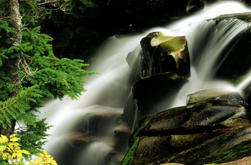 Waterfall over Rocks — Green, Serene, Photograph, Trees