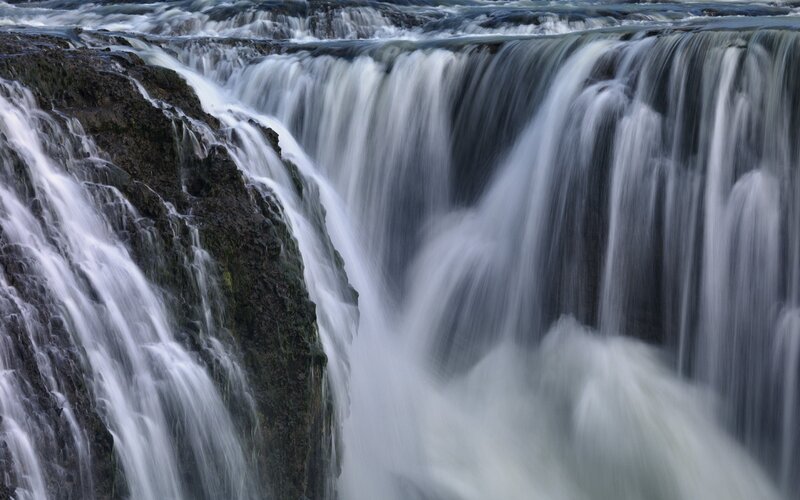 Waterfall over Rocks — White, Dynamic, Photograph, Water, Gray, Black