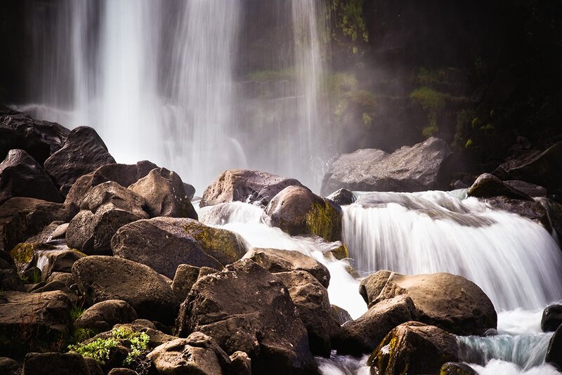 Waterfall over Rocks — White, Serene, Photograph, Moss, Mist