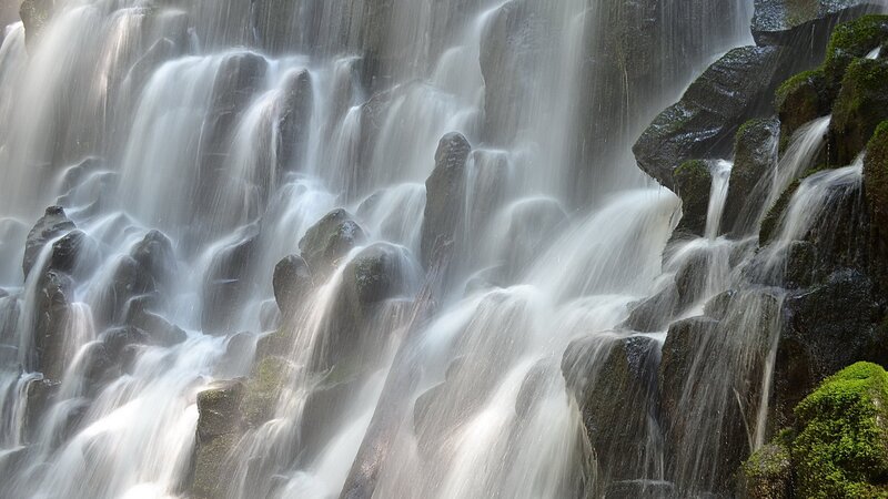 Waterfall over Rocks — White, Serene, Photograph, Moss