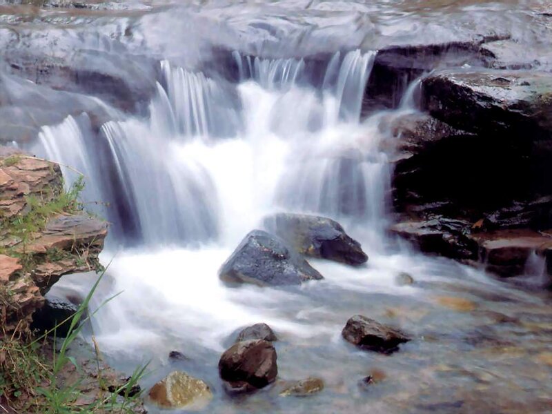 Waterfall over Rocks — White, Serene, Photograph, Stream, Plants