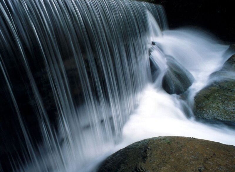 Waterfall over Rocks — White, Serene, Photograph, Water, Gray, Black