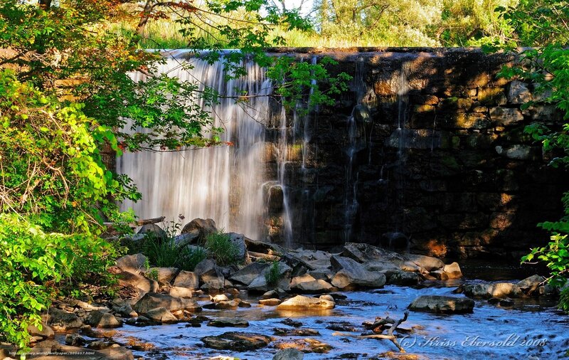 Waterfall over Stone Wall — Green, Serene