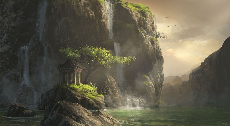 Waterfall temple at sunset