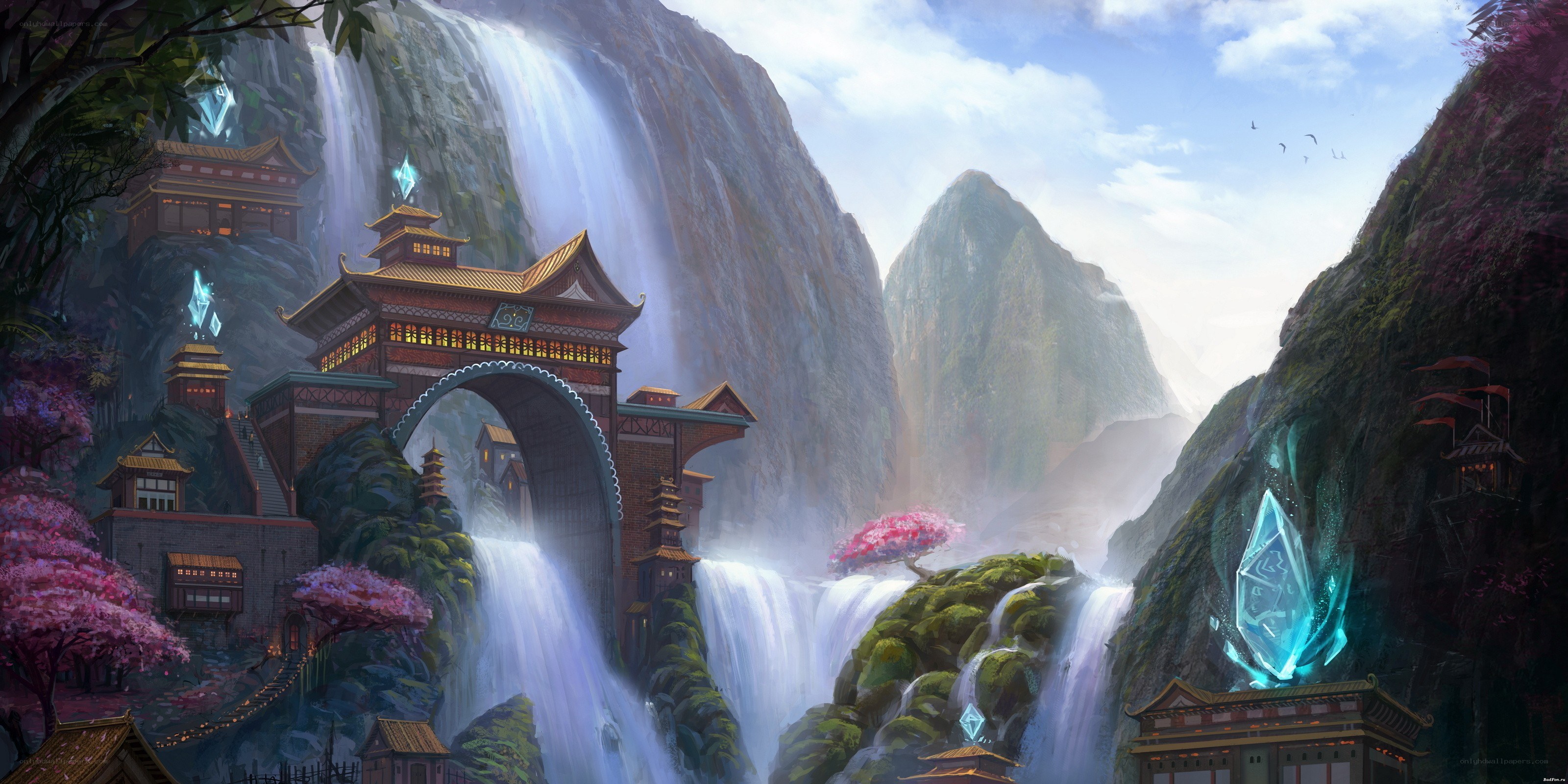 Waterfall temple in mountain valley