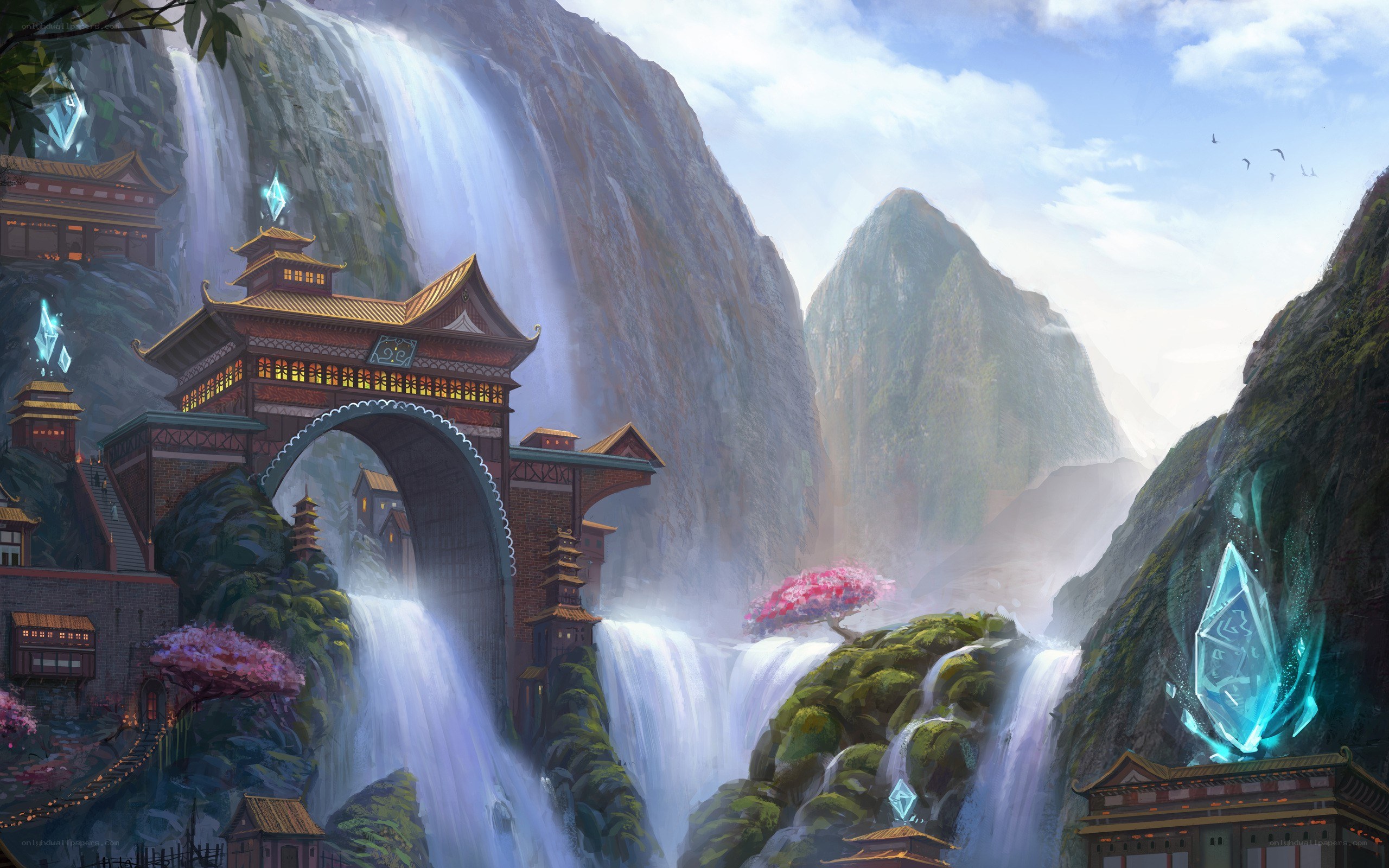 Waterfall temple in mountain valley