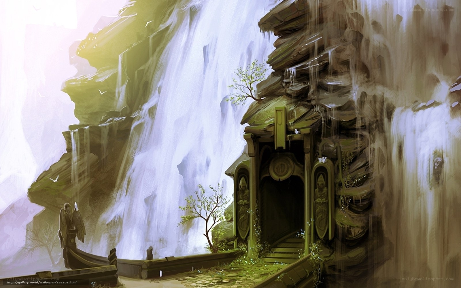 Waterfall temple in the mountains