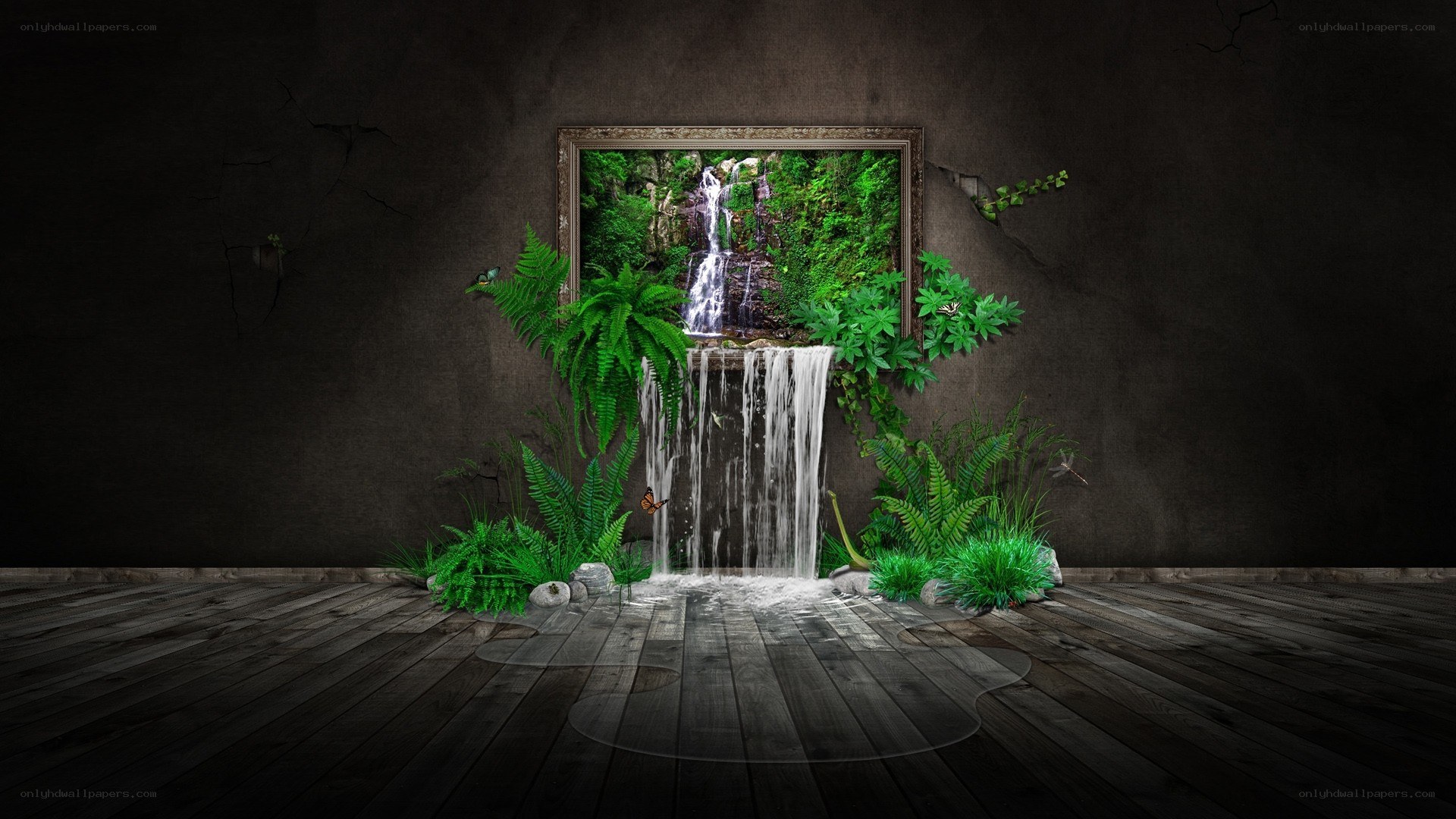 Waterfall through a framed portal