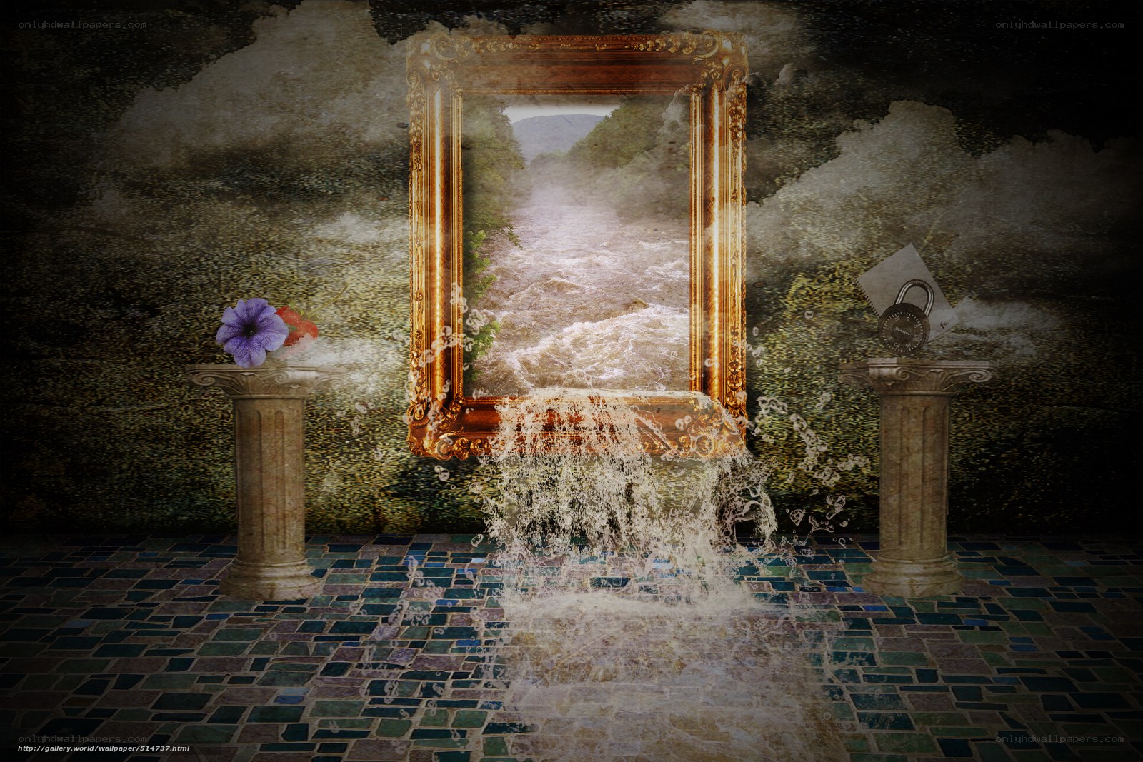 Waterfall through a golden frame