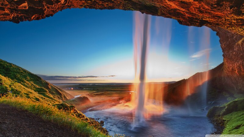 Waterfall Through Cave Arch — Blue