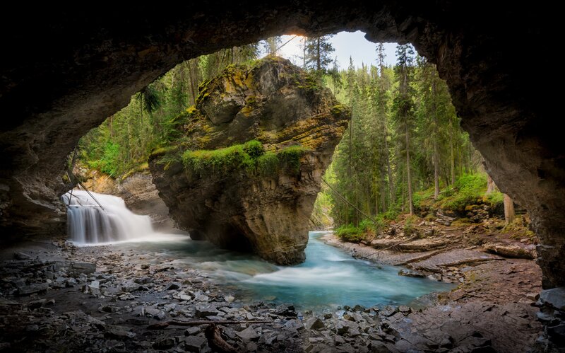 Waterfall Through Cave Arch — Green