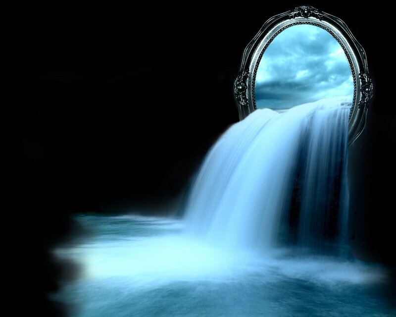 Waterfall through ornate mirror