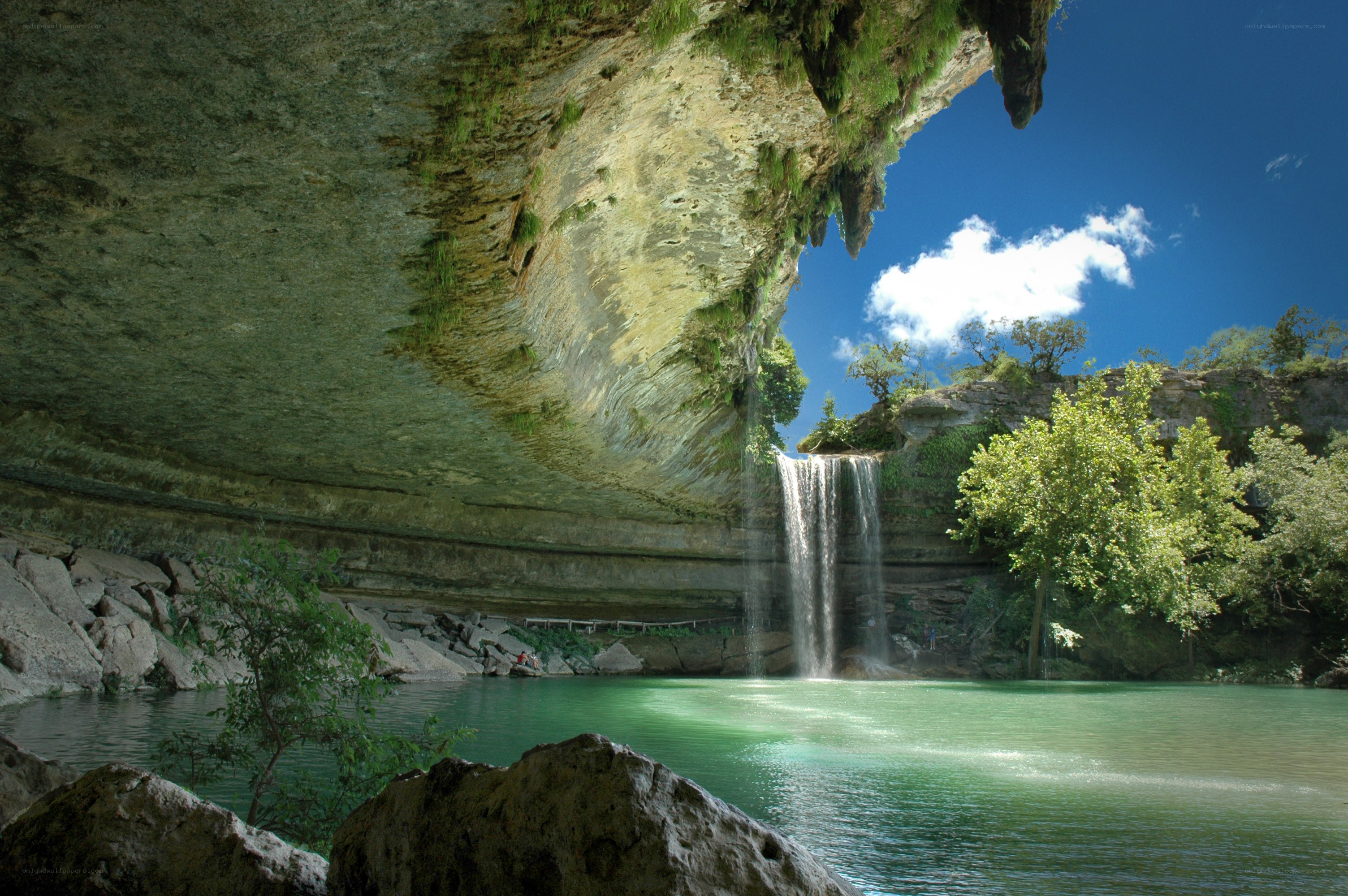 Waterfall under a rock overhang