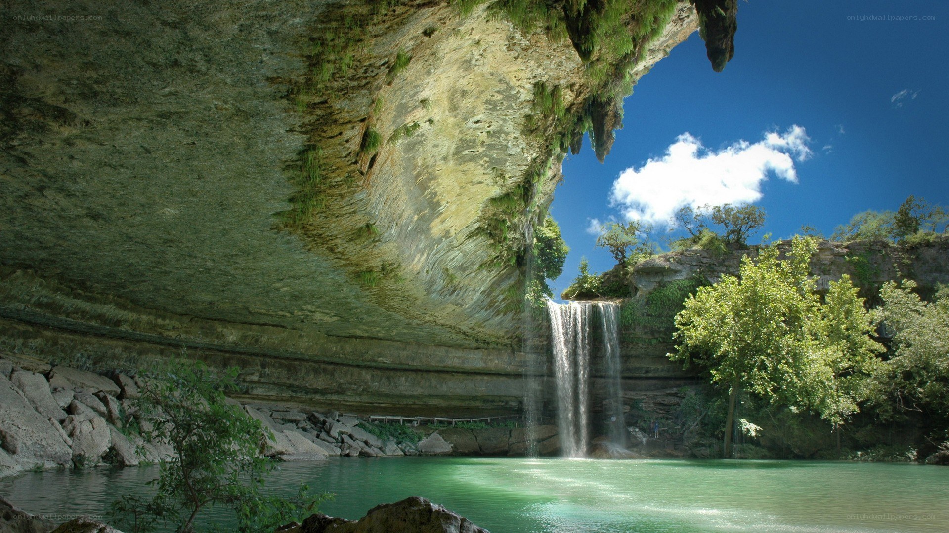 Waterfall under a rock overhang