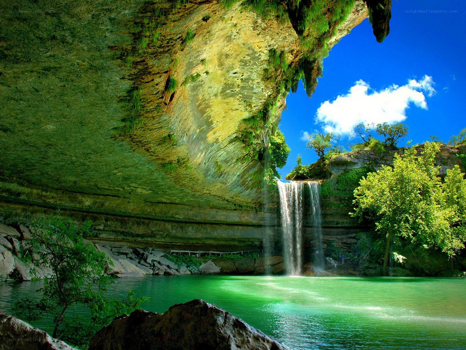 Waterfall under a rock overhang