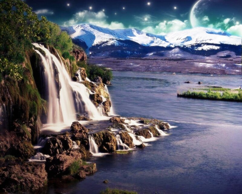 Waterfall under a starry sky