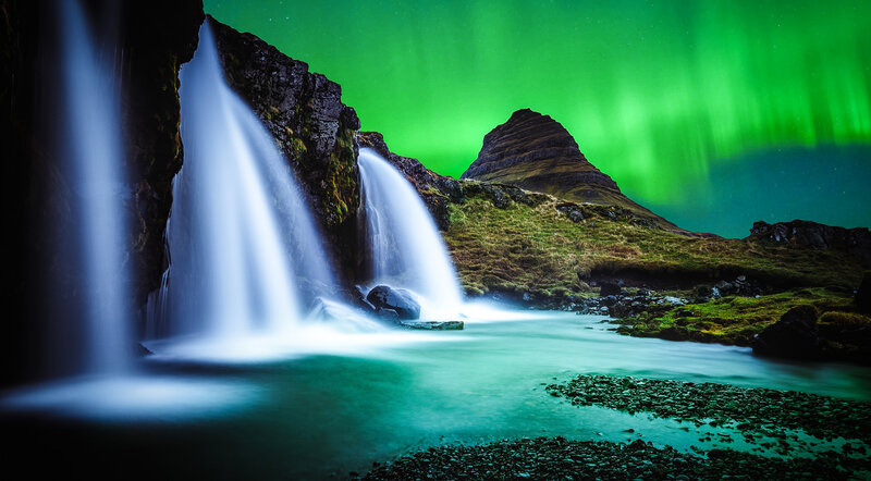 Waterfall under Aurora — Green, Dramatic