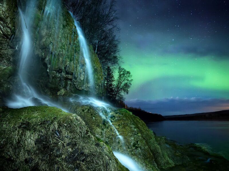 Waterfall under Aurora
