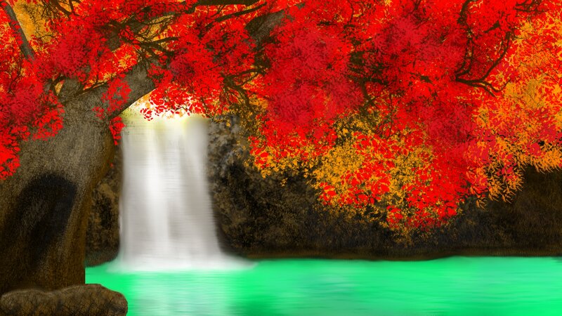 Waterfall under Autumn Trees — Red