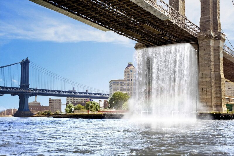 Waterfall under Bridge — Blue, Dramatic, Afternoon