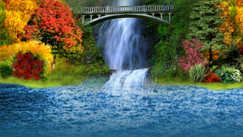 Waterfall under Bridge — Blue, Serene