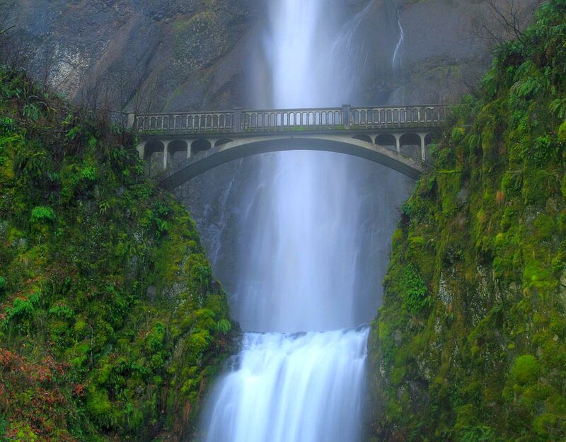 Waterfall under Bridge — Green, Serene