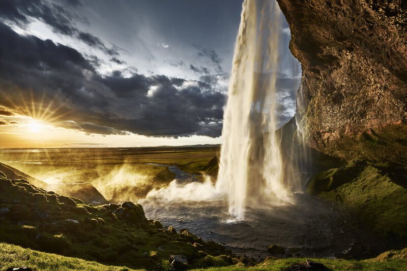 Waterfall under Cliff — Green, Dramatic