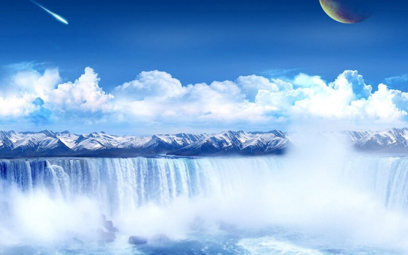 Waterfall under comet and moon