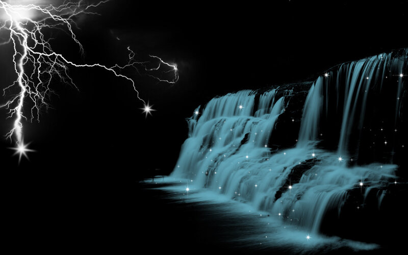 Waterfall under lightning storm
